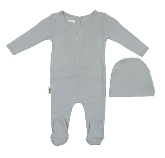 Simple Pointelle Footie and Beanie Set in Blue