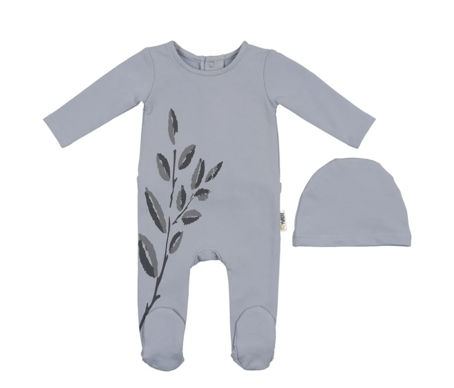 Blooming Leaves Footie and Beanie in Blue