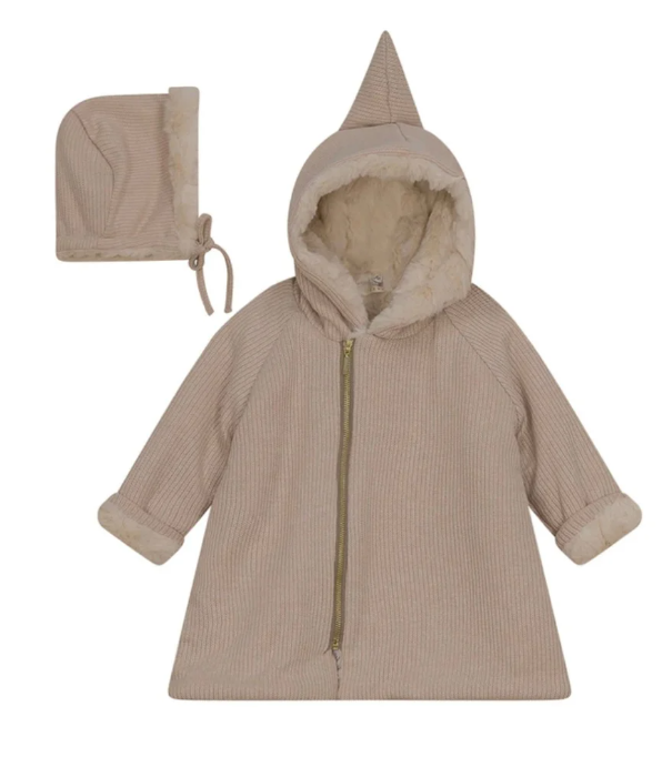 Fur Lined Zipper Coat and Hat in Beige - 3m
