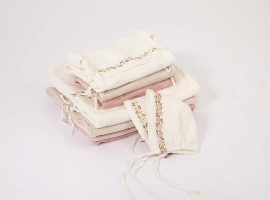 Velour Embroidered Bib Layette Set in Ivory
