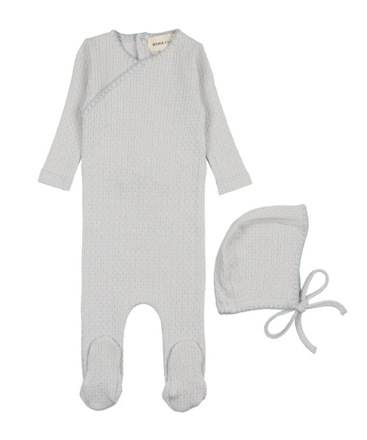 Embroidered Edge Knit Footie and Bonnet in Soft Blue