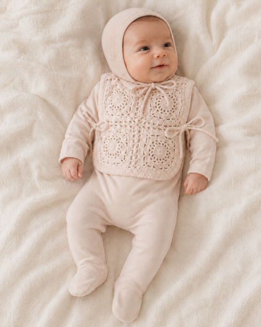 Crochet Removable Vest & Bonnet in Champagne Pink