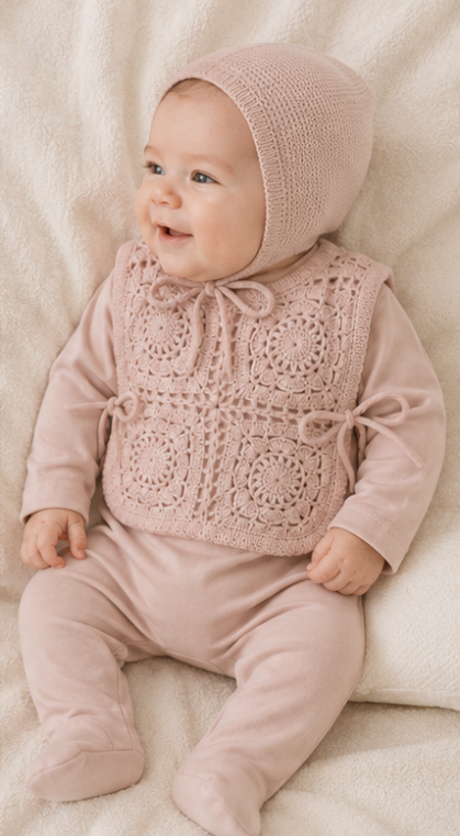 Crochet Pullover Vest & Bonnet in Mauve