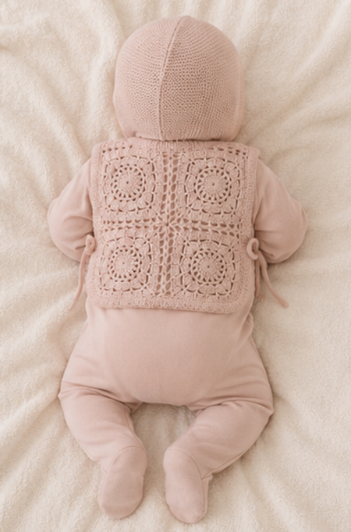 Crochet Pullover Vest & Bonnet in Mauve