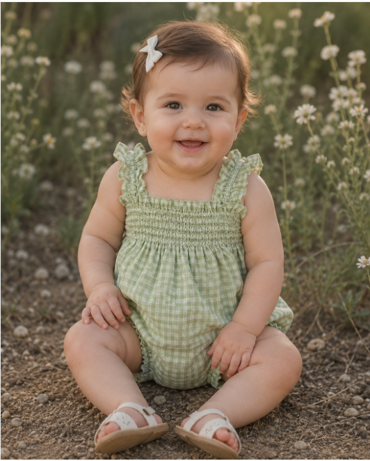 Sage Gingham Smocked Bubble - 9m