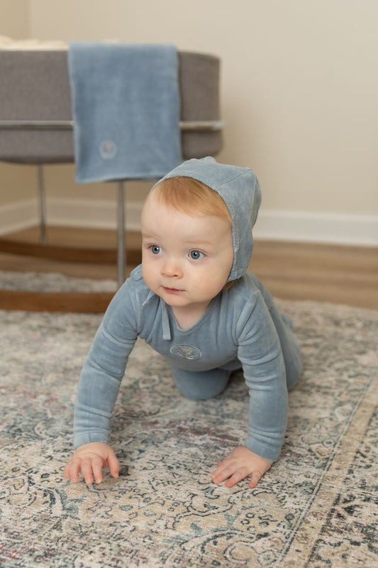 Embroidered Center Velour Footie and Bonnet in Blue