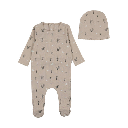Swan Print Footie and Beanie in French Chateau