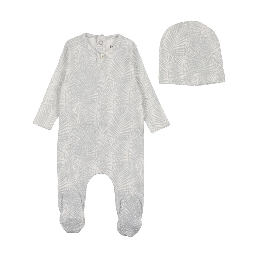 Tropical Print Footie and Beanie in Dusty Blue