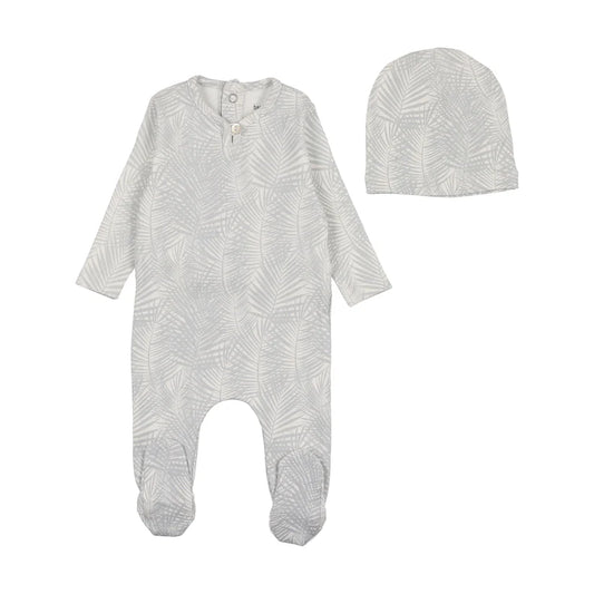 Tropical Print Footie and Beanie in Dusty Blue