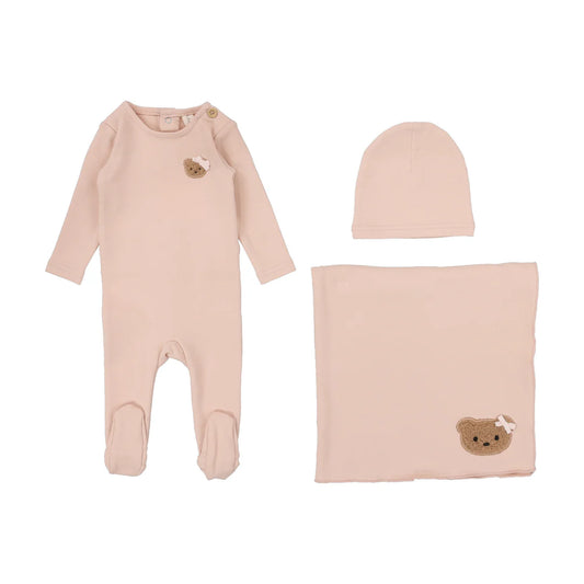 Bear Applique Layette Set in Dusty Pink