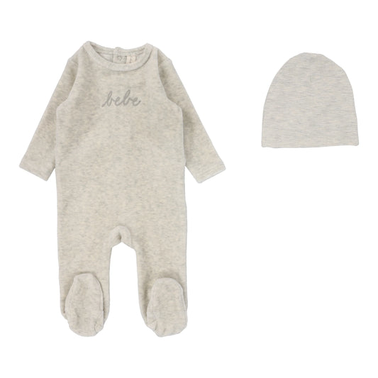 Velour Bebe Footie and Beanie in Heather Oatmeal