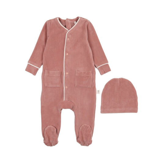 Velour Footie and Beanie in Dusty Pink