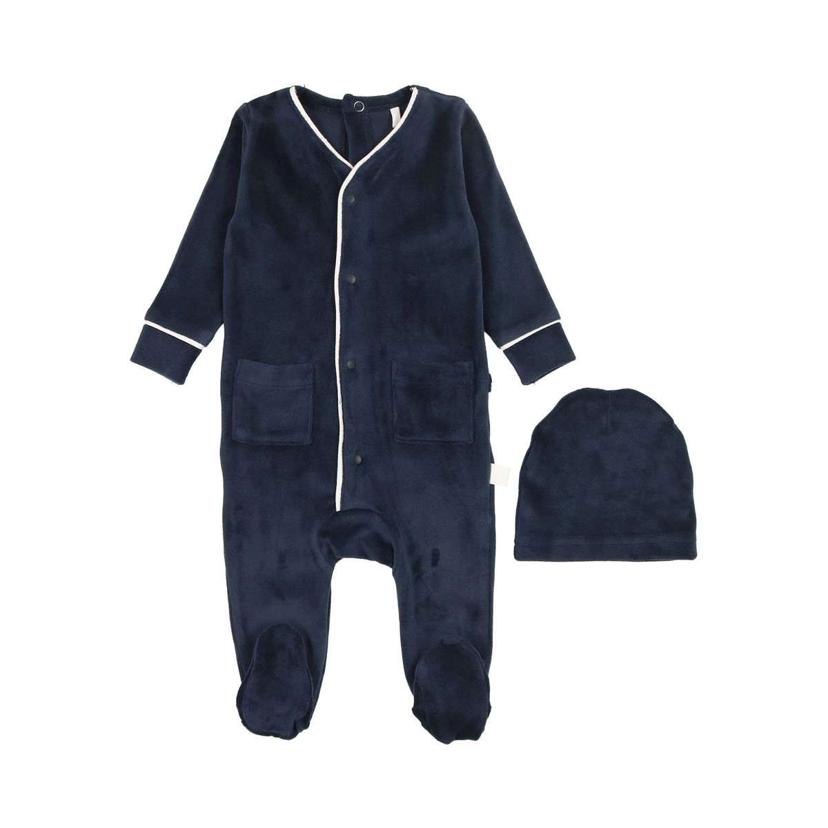 Velour Footie and Beanie in Navy