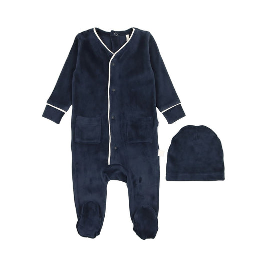 Velour Footie and Beanie in Navy