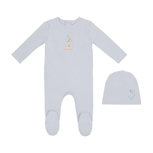 Carousel Print Footie and Beanie and Light Blue