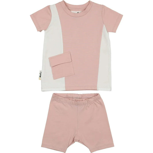 Colorblock Pocket T-Shirt & Shorts Set in Pink