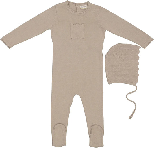 Chevron Knit Footie & Bonnet in Toasted Almond