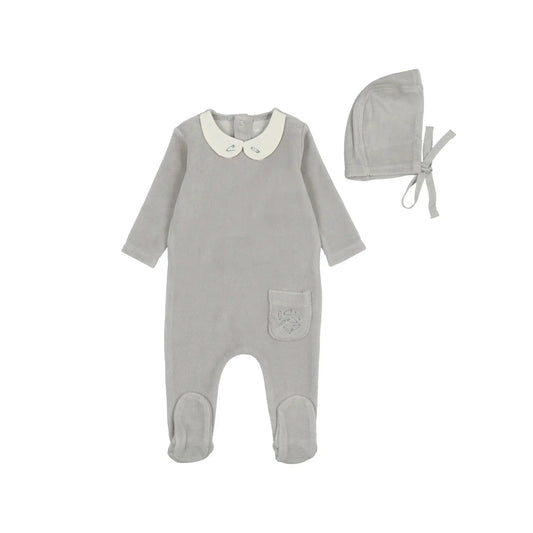 Embroidered Safety Pin Footie and Bonnet in Blue Smoke
