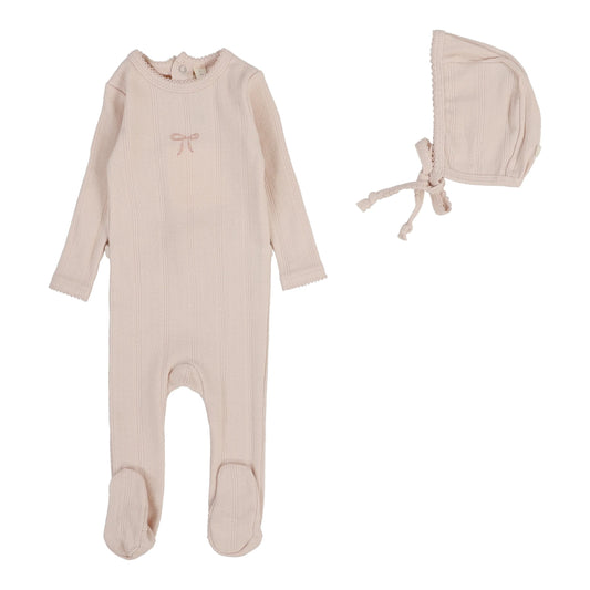 Pointelle Bow Footie and Bonnet in Soft Pink