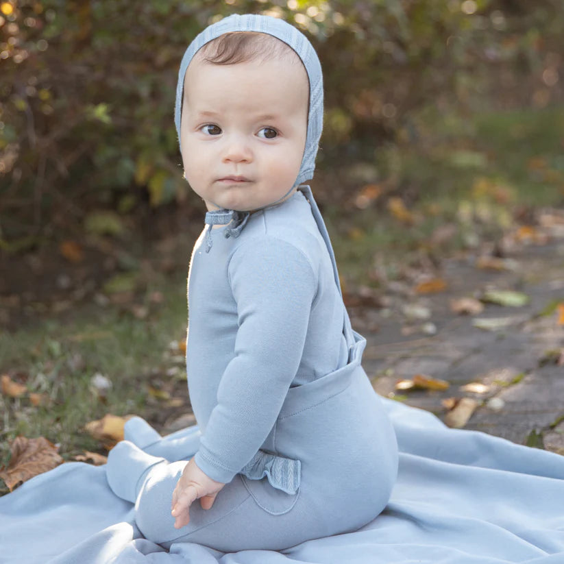 Eyelet Footie and Bonnet in Medium Blue