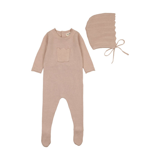 Chevron Knit Footie & Bonnet in Mauve