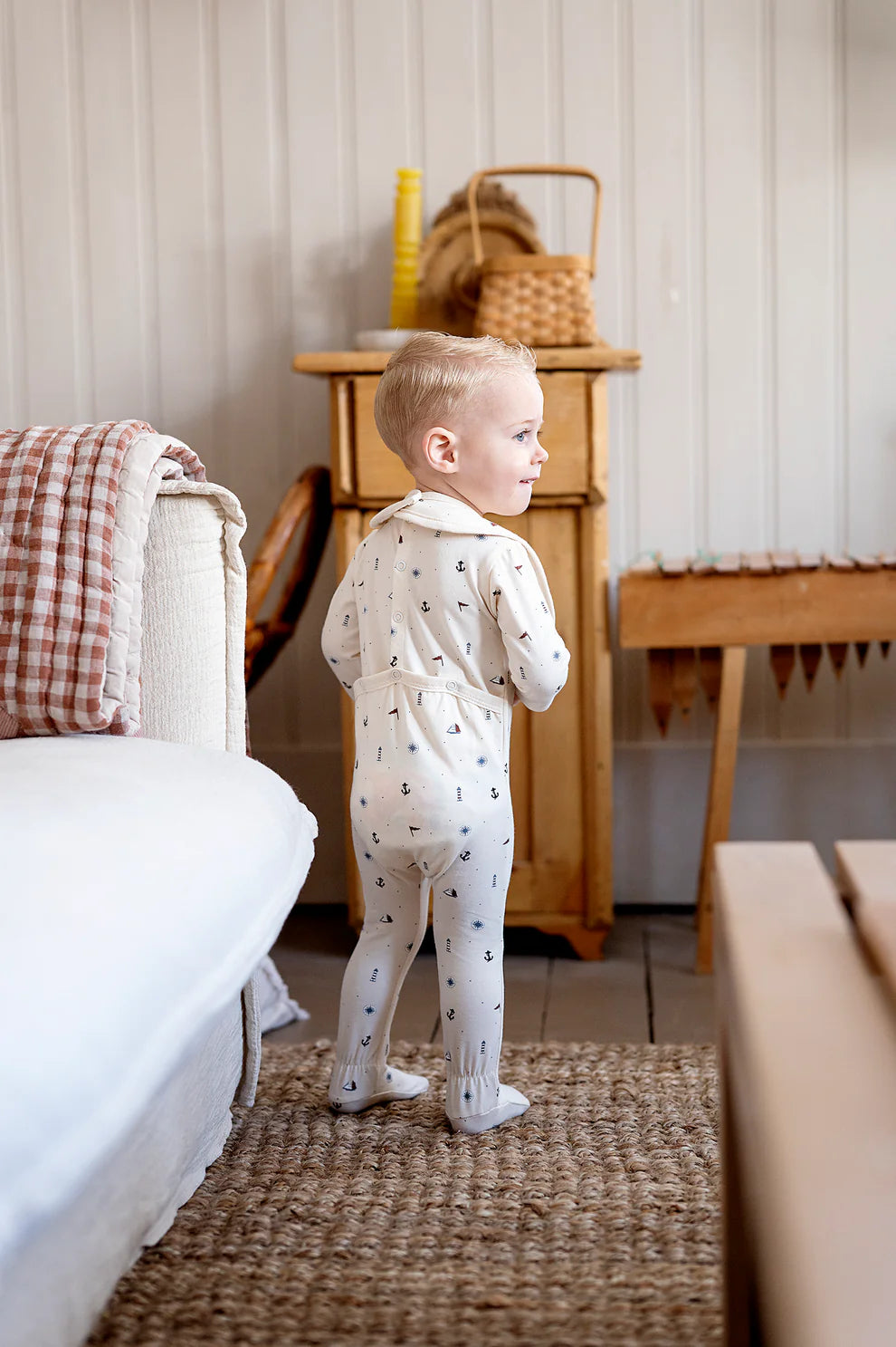 Jersey Cotton Printed Nautical Footie in Ivory