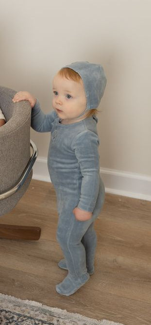 Embroidered Center Velour Footie and Bonnet in Blue - 18m