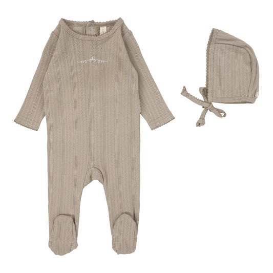 Pointelle Graphic Footie and Bonnet in Oat