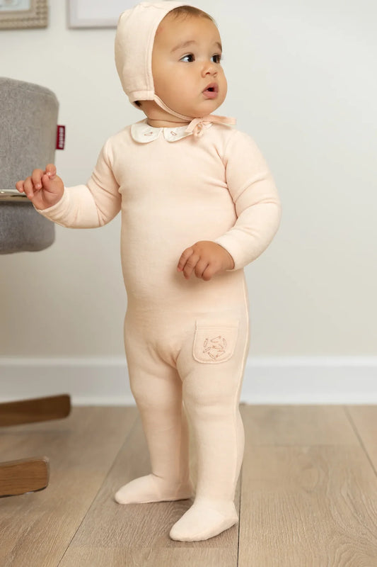Embroidered Safety Pin Footie and Bonnet in Baby Pink