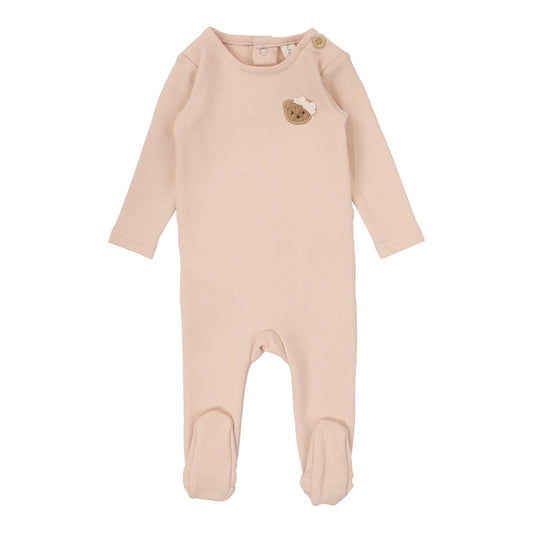 Bear Applique Footie in Dusty Pink