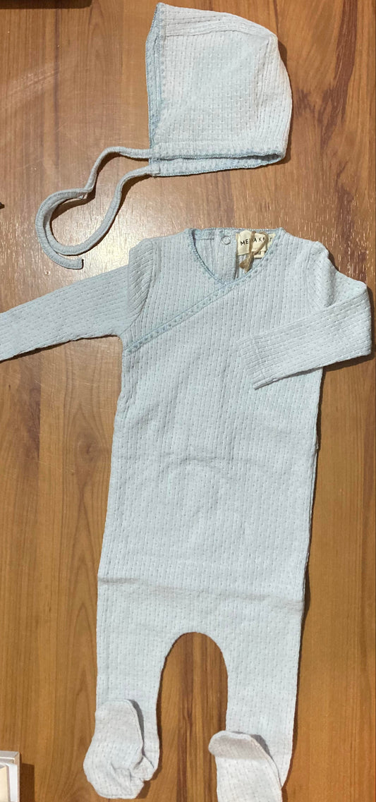 Embroidered Edge Knit Footie and Bonnet in Soft Blue