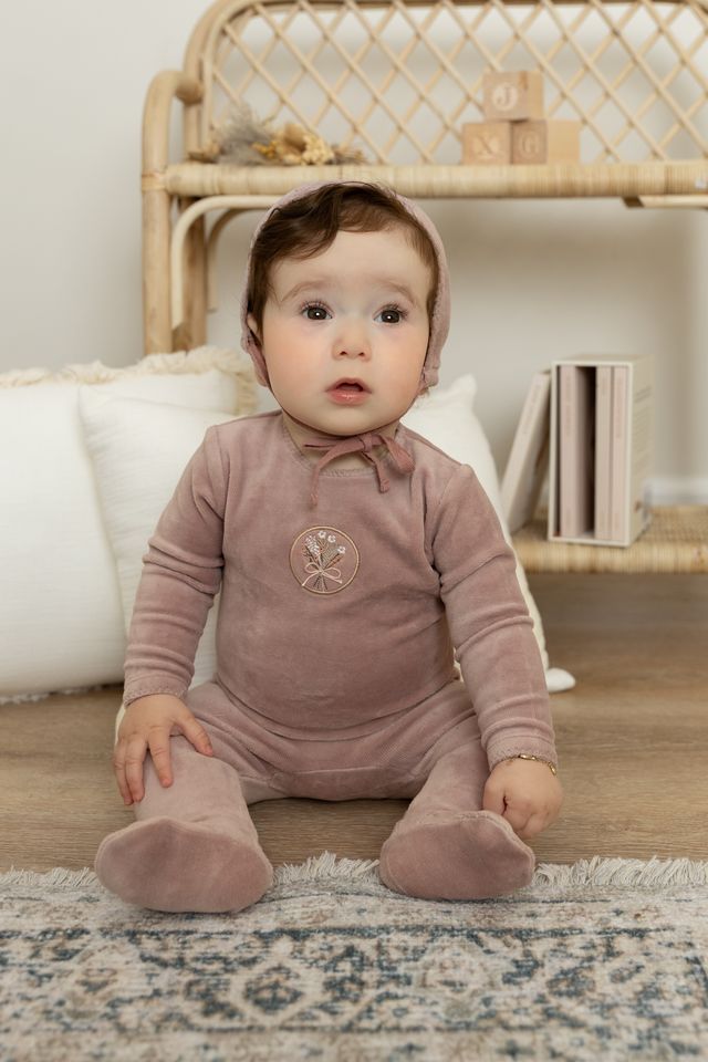 Embroidered Center Velour Footie Set in Hushed Violet - 12m