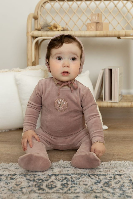 Embroidered Center Velour Footie Set in Hushed Violet