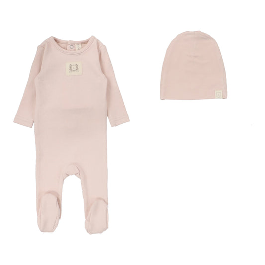 Pointelle Emblem Footie and Beanie in Soft Pink