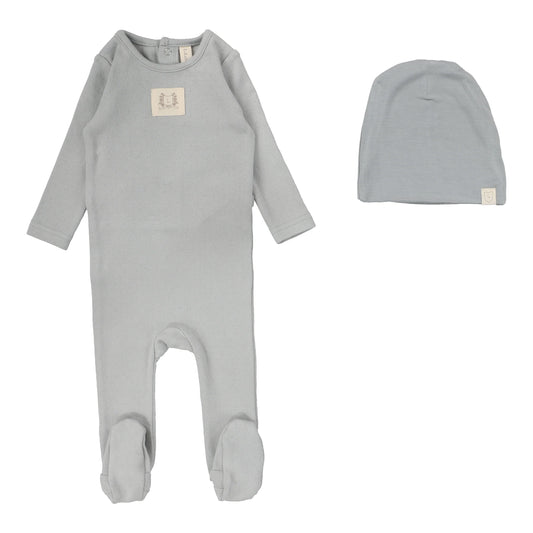 Pointelle Emblem Footie and Beanie in Light Blue